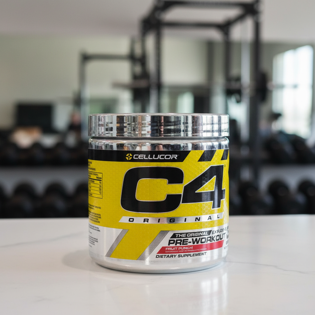 Cellucor C4 Original Fruit Punch pre-workout tub on a countertop with a softly blurred gym background