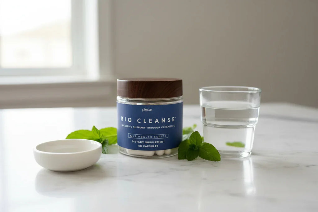 Plexus Bio Cleanse jar on marble counter with water glass and green leaves wellness lifestyle