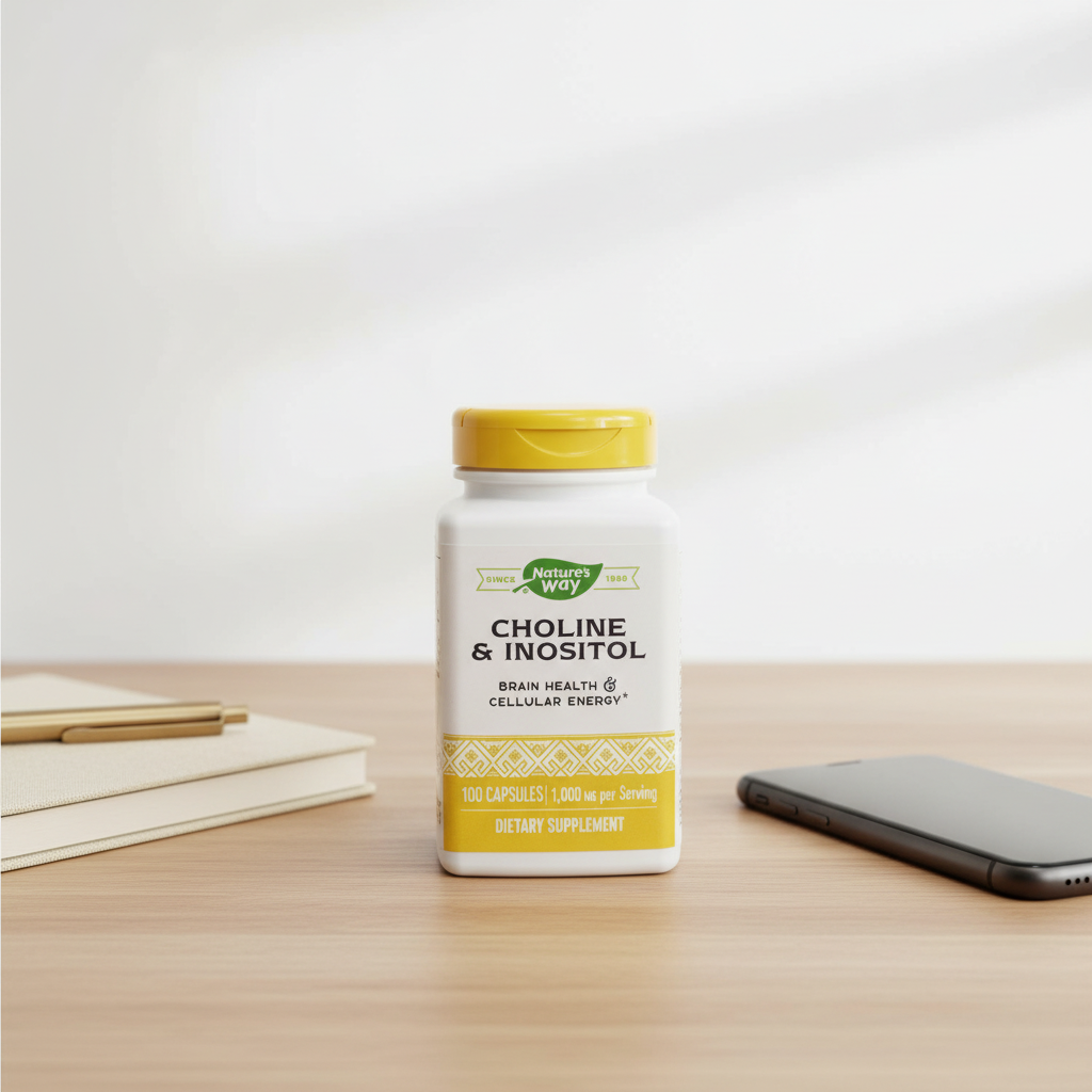 Nature's Way Choline and Inositol bottle on minimalist light oak desk with aesthetic notebook and professional black smartphone