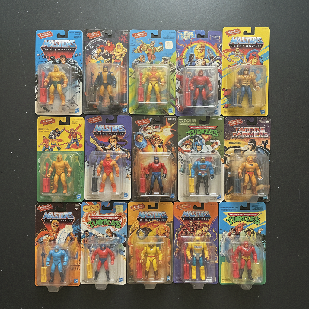 Flat lay overhead shot of retro 80s action figure collectibles in original blister card packaging on dark matte surface — More4less Outlet