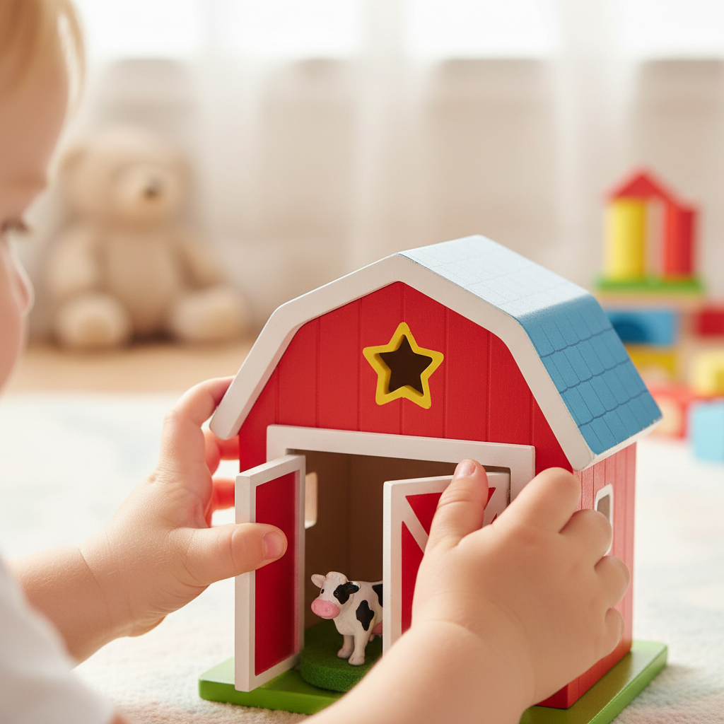 Small toddler hands opening a colorful mini barn toy to reveal a farm animal figure inside