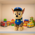PAW Patrol Room Patrol Chase Interactive Plush Toy (12-inch) — cuddly Chase plush in blue police uniform and cap with light-up badges standing upright on a bright white children's bedroom shelf with soft warm lighting and colorful toys blurred in background