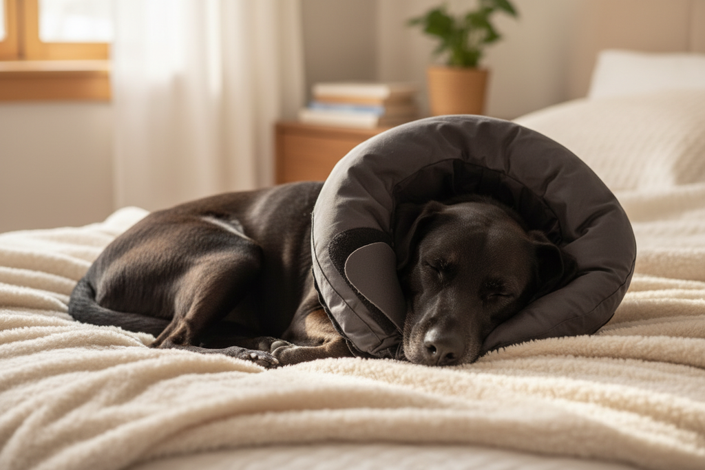 Dog sleeping peacefully wearing Vet Worthy Inflatable Protective Collar — stress-free comfortable recovery collar for dogs