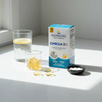 Modern curated supplement routine featuring Nordic Naturals omega-3 fish oil supplement box in balanced morning light