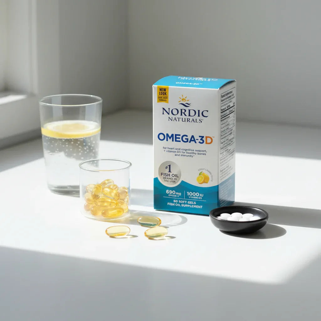 Modern curated supplement routine featuring Nordic Naturals omega-3 fish oil supplement box in balanced morning light