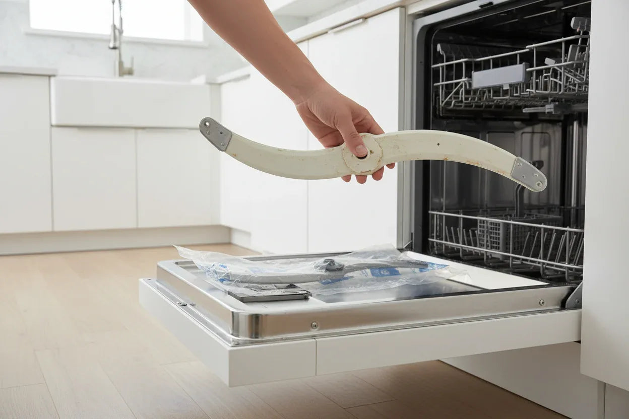 Hand removing a damaged dishwasher spray arm to replace with a new OEM part
