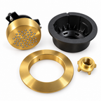 Moen Mosaic brushed gold body spray trim kit pieces on a white background