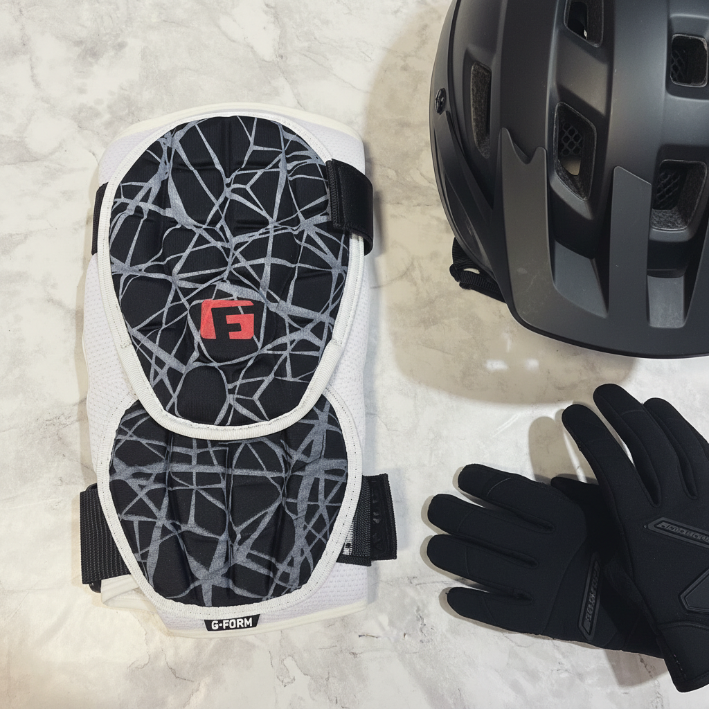 G-Form Elite 2 Elbow Guard flat lay with cycling helmet and gloves