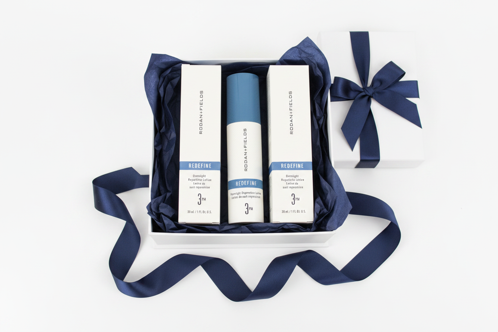 Rodan + Fields REDEFINE Overnight Reparative Lotion 3PM as luxury anti-aging skincare gift in white gift box with navy tissue paper and ribbon – More4less Outlet