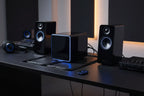 High-end studio desk surface showcasing clean cable-managed audio setup