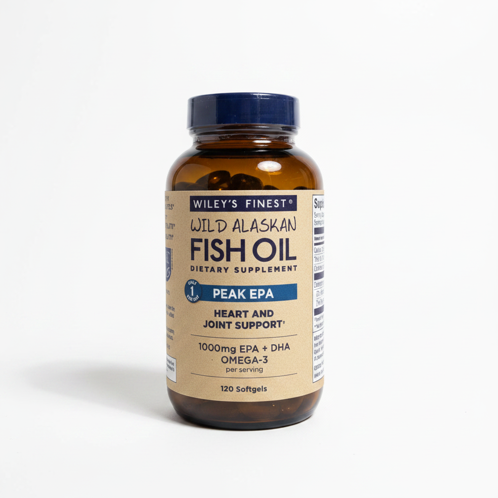 Lifestyle context image of Wiley's Finest Wild Alaskan Fish Oil Peak EPA (AI-generated for visual illustration only) – white surface minimalist supplement photography – More4less Outlet