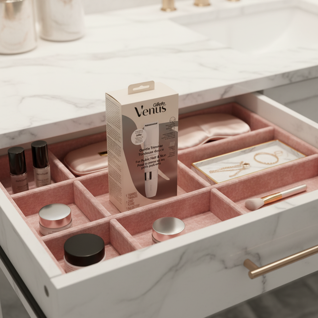 Gillette Venus Gentle Trimmer inside organized marble vanity drawer with velvet dividers and beauty staples