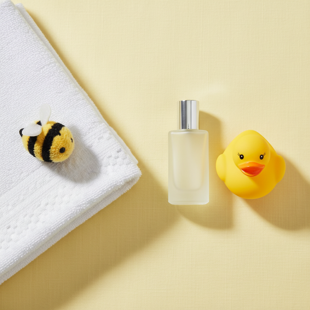 Lifestyle — soft white nursery flatlay with cologne bottle beside yellow rubber duck, white baby towel, and bee plush on pastel yellow background — editorial for visual context only
