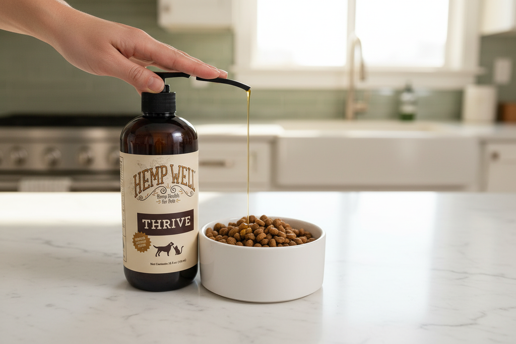 Person pumping Hemp Well Thrive hemp seed oil onto dog food bowl — easy pump dispenser delivers precise daily dose for pets