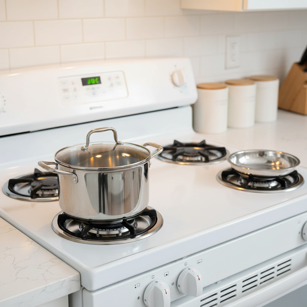GE Appliances GE68C chrome drip bowls installed on a white coil-burner electric range cooktop in a bright modern kitchen with a pot on the burner