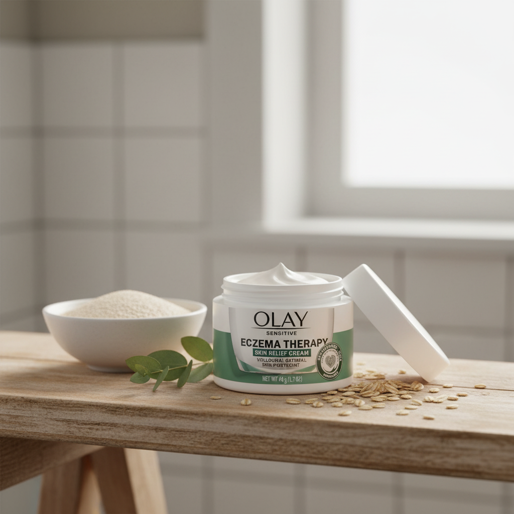 Olay Sensitive Eczema Therapy Skin Relief Cream jar surrounded by colloidal oatmeal and green eucalyptus on wooden shelf – ingredient-focused skincare display