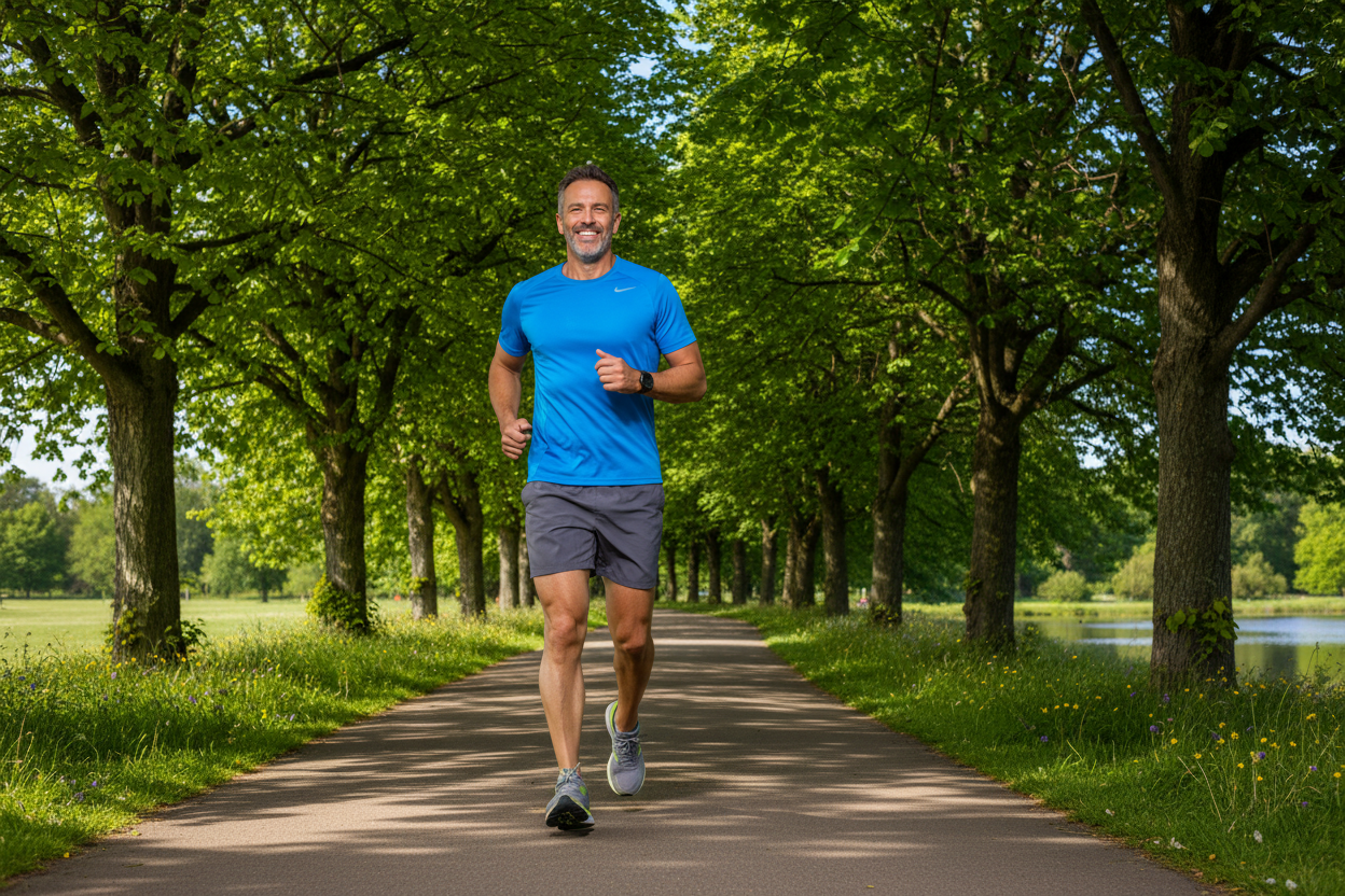 Fit man jogging on sunny park path - active daily wellness lifestyle