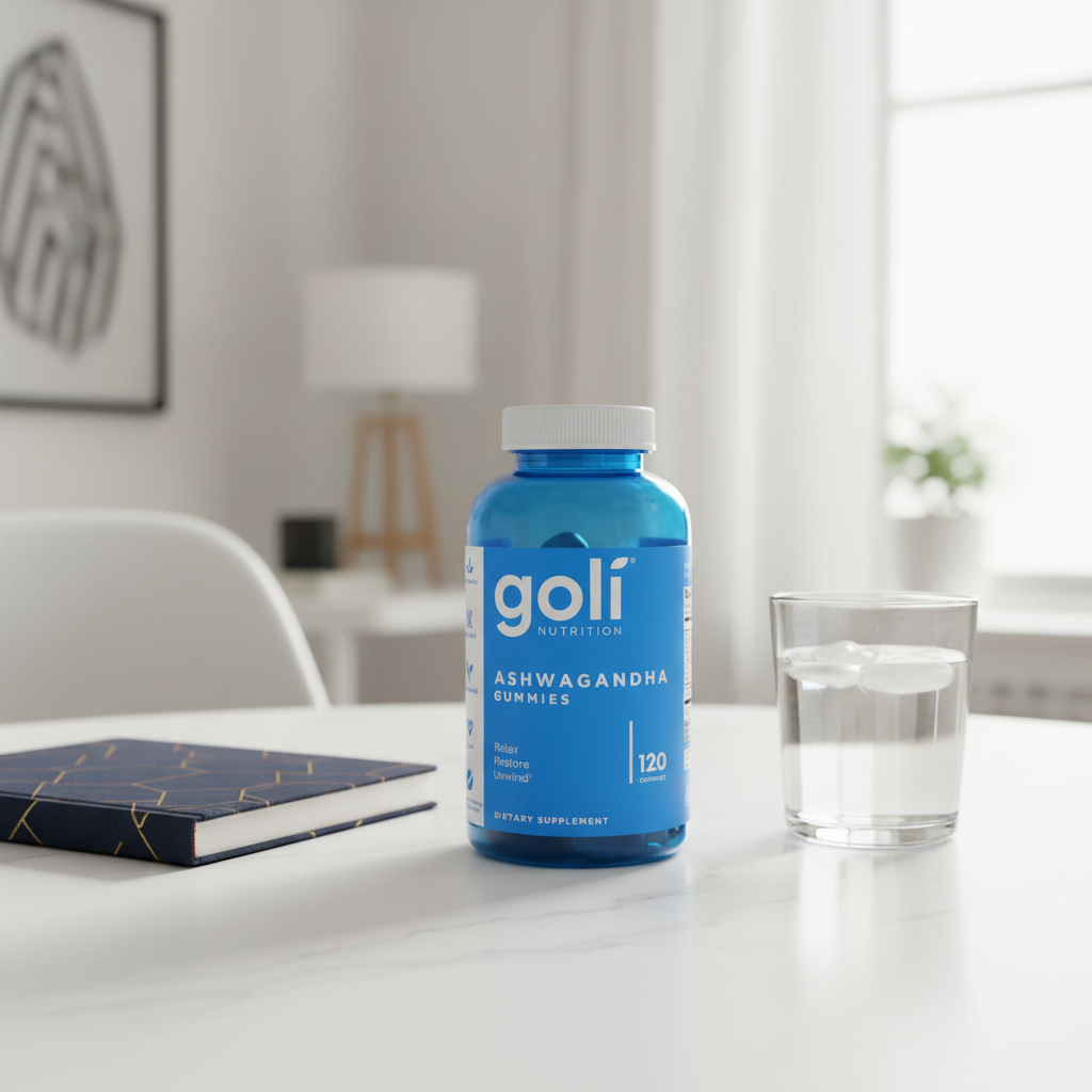 Goli Nutrition Ashwagandha Gummies bottle on white quartz home office desk with premium productivity journal and clear glass of water