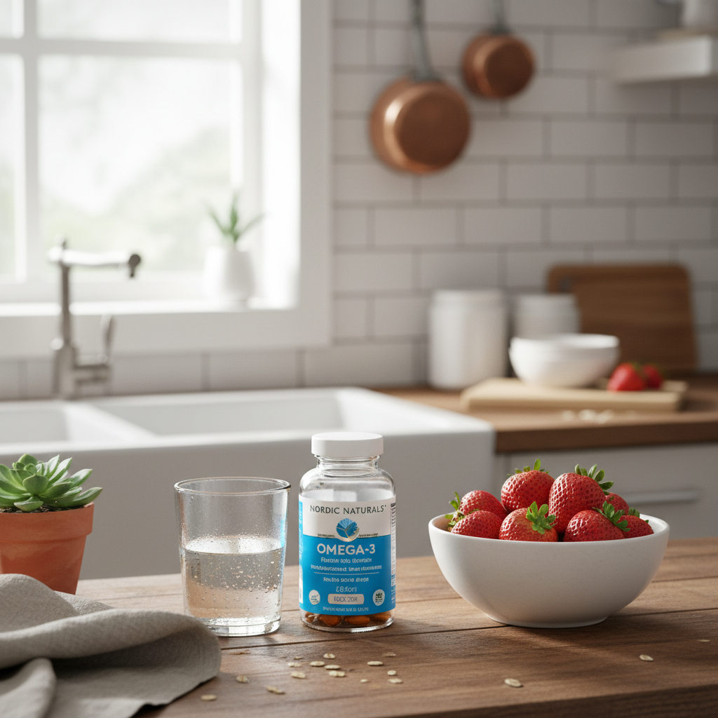 Nordic Naturals Algae DHA bottle on kitchen counter with strawberries and water — More4less Outlet