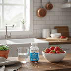 Nordic Naturals Algae DHA bottle on kitchen counter with strawberries and water — More4less Outlet
