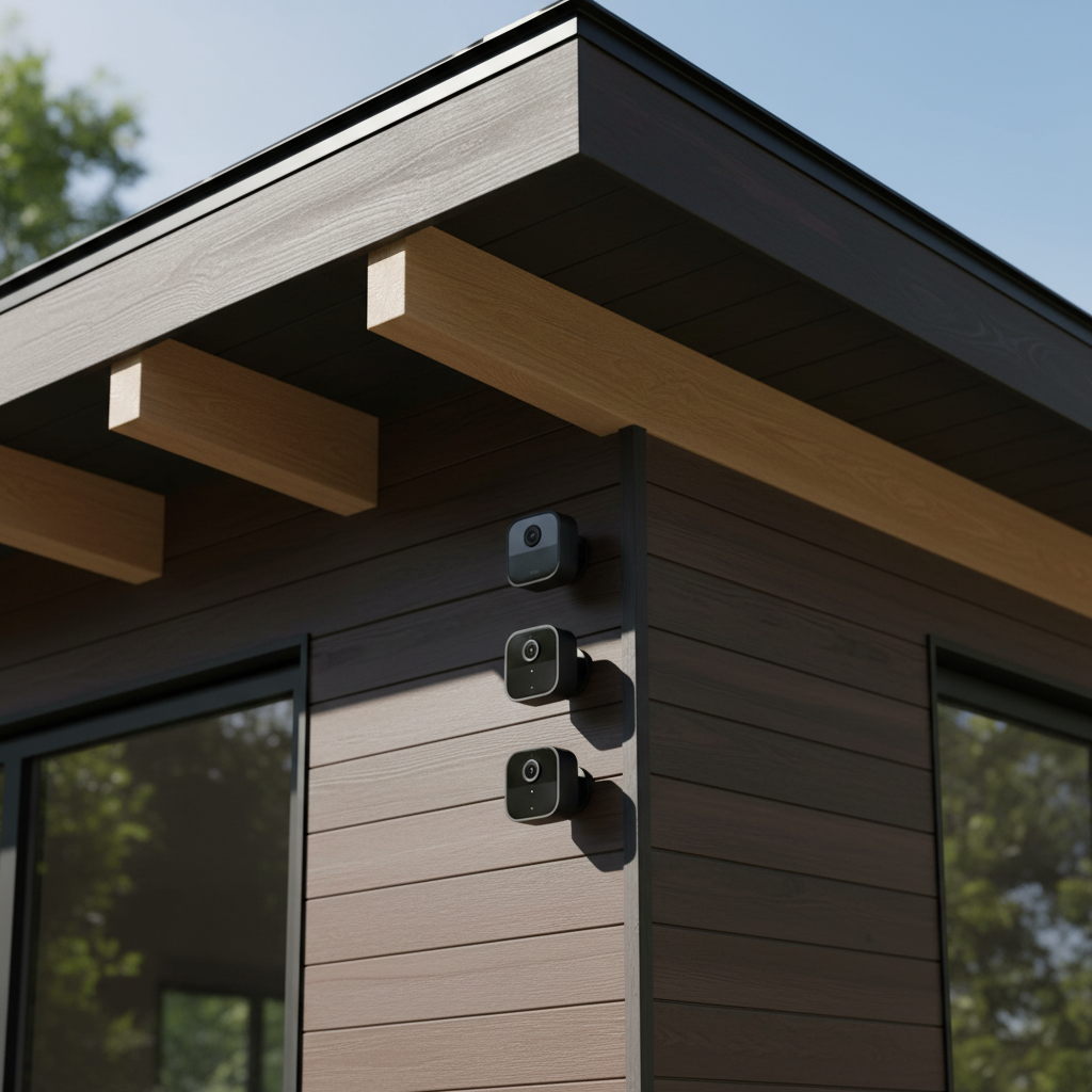 Blink Outdoor 4 cameras installed on corner of modern wood-paneled house siding under eave showing real outdoor security placement
