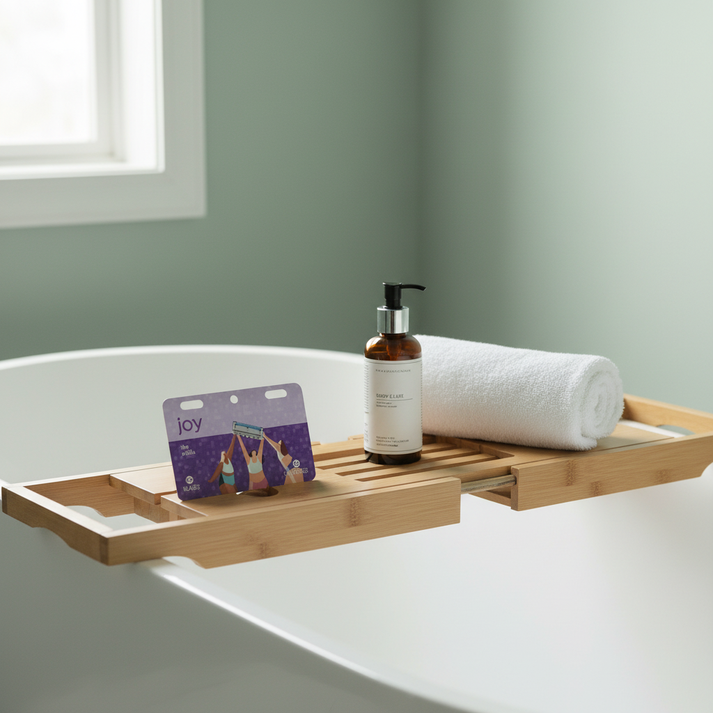 Joy 5-Blade Razor Refills 12ct on minimalist bathtub caddy with rolled cotton towel and body elixir