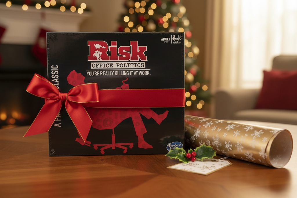 Risk Office Politics board game displayed as a gift with ribbon – More4less Outlet