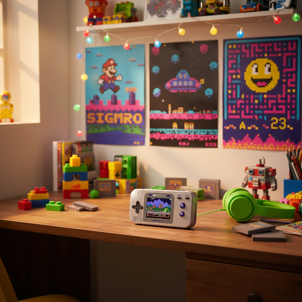 My Arcade Gamer V Classic portable handheld console on a kids bedroom desk next to retro pixel art posters — More4less Outlet lifestyle image