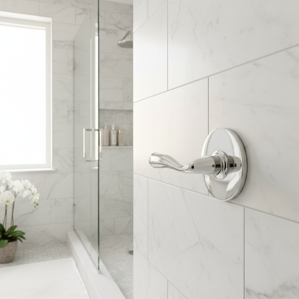 Spa-like master bathroom with white marble tiles and gleaming chrome lever handle and escutcheon
