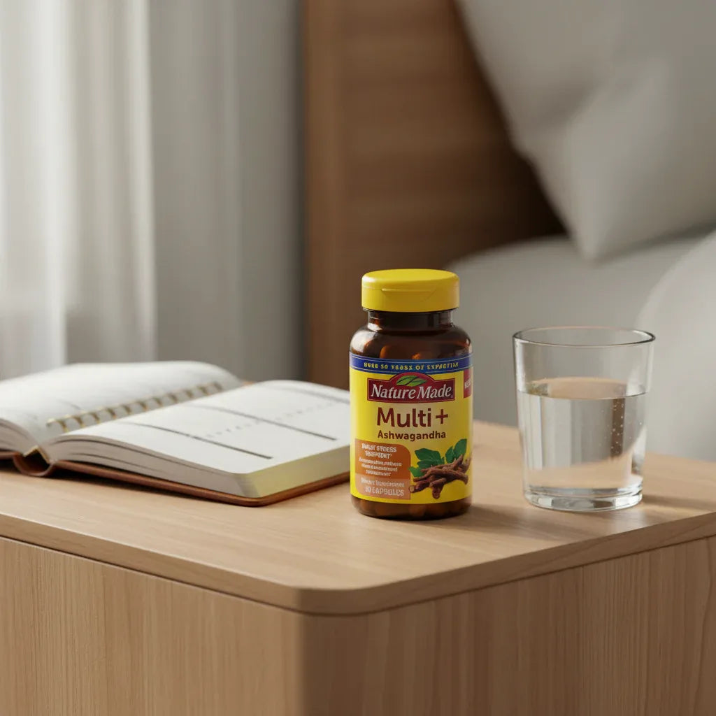 Nature Made Multi + Ashwagandha 60 Capsules on light-wood bedside table with leather wellness planner and glass of water