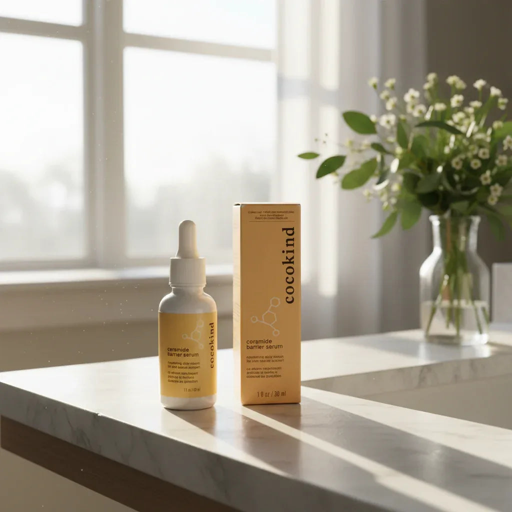 Cocokind Ceramide Barrier Serum white dropper bottle with gold label on bathroom vanity beside fresh botanicals, warm morning window light