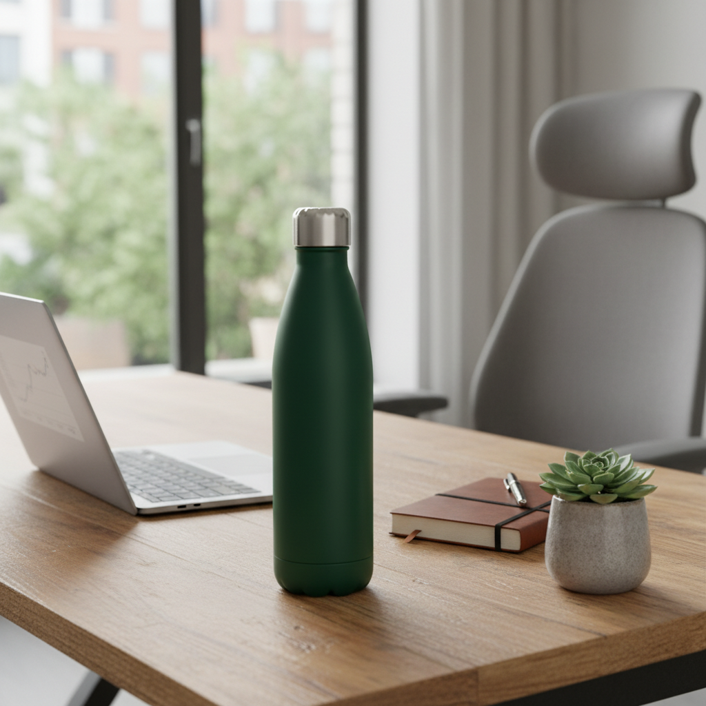 Matte dark green 32 oz water bottle on wooden desk next to laptop, notebook, and succulent in modern home office