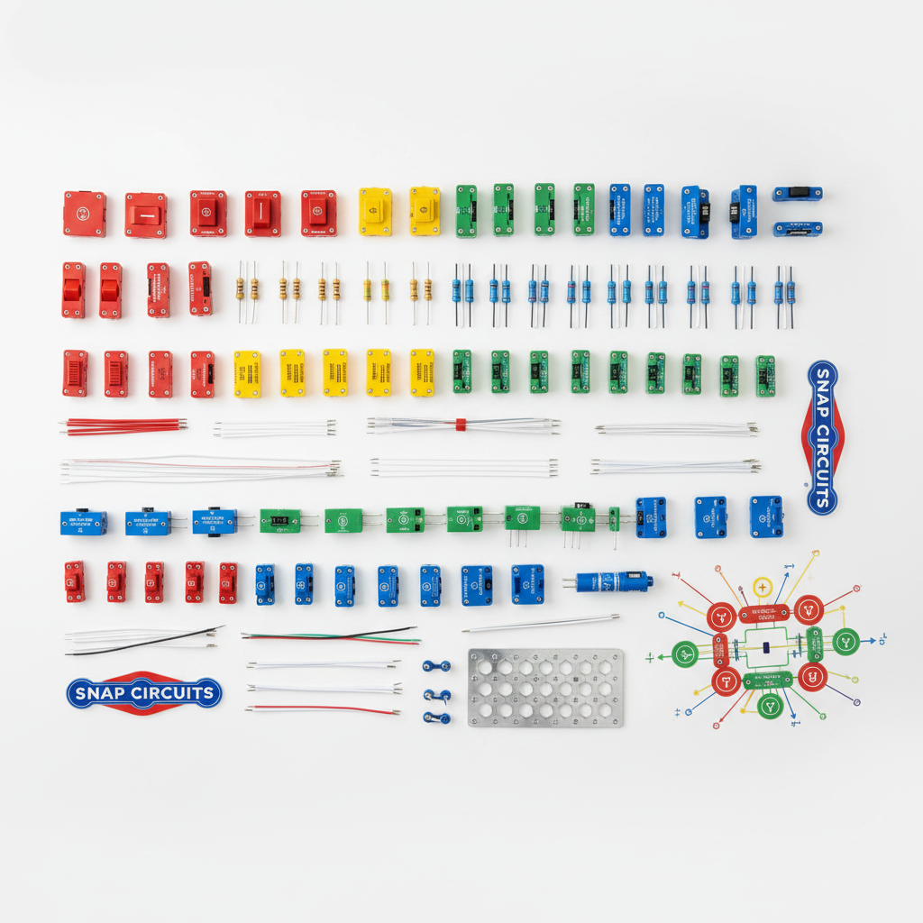Snap Circuits colorful electronic snap components organized flat lay on white surface — More4less Outlet lifestyle image