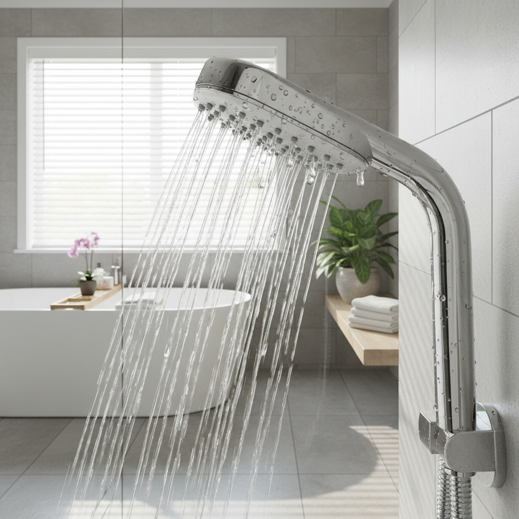 Modern bathroom staging with sleek single-function chrome showerhead and water drops on shell