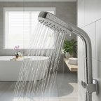 Modern bathroom staging with sleek single-function chrome showerhead and water drops on shell