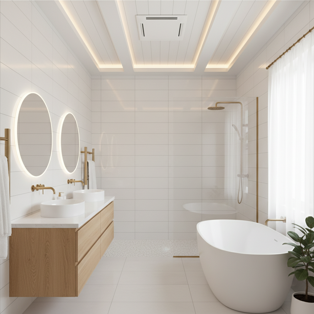Stylish master bathroom with ceiling exhaust fan and overhead lighting