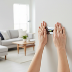 Person using thumbs to press steel wall hanger into drywall in modern living room