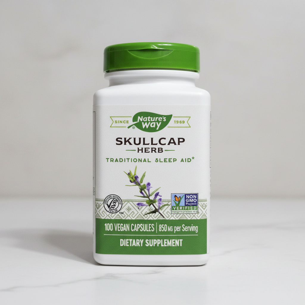 Nature's Way Skullcap Herb 850 mg bottle on a clean white counter