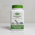Nature's Way Skullcap Herb 850 mg bottle on a clean white counter