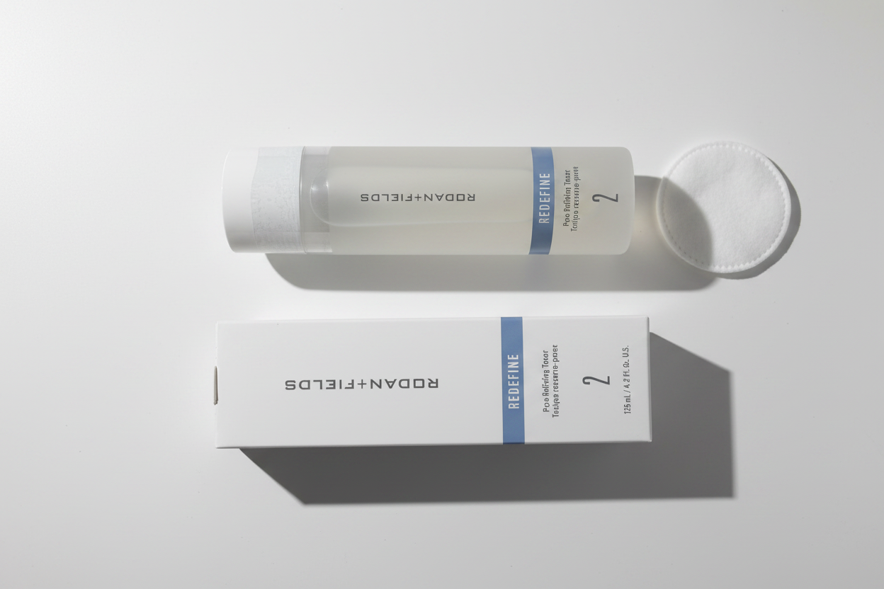 Rodan + Fields REDEFINE Pore Refining Toner bottle and box in minimalist morning routine flat lay with cotton pad