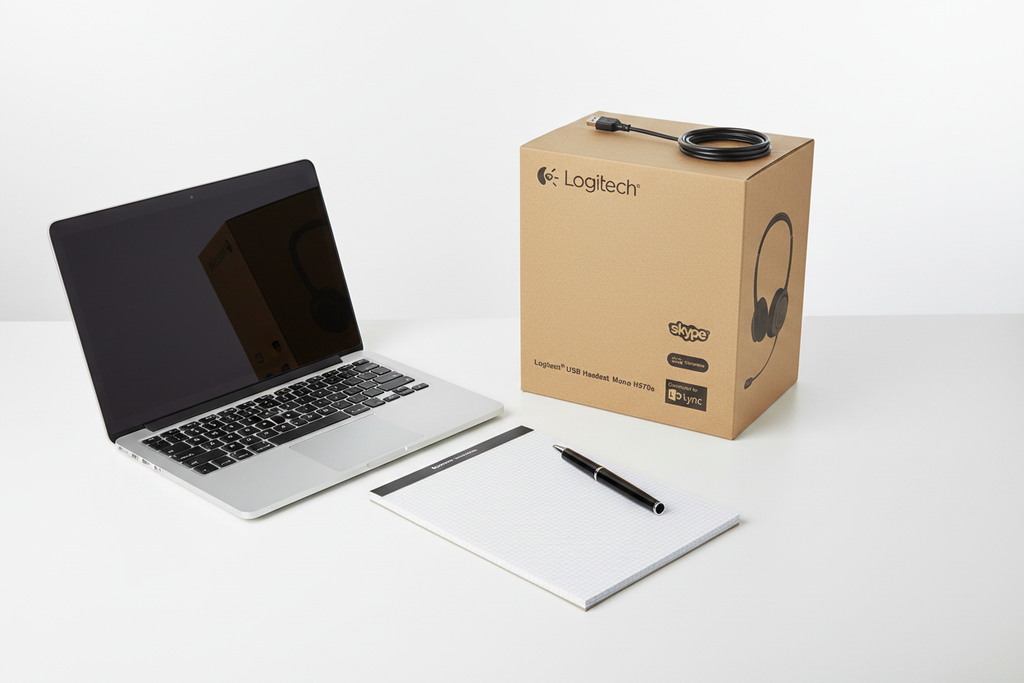 Logitech H570e Mono USB headset retail box professional flat lay with laptop notebook and pen on white desk – More4less Outlet