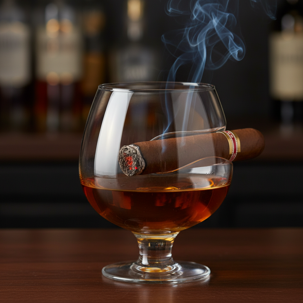 Lit cigar resting on hand blown crystal whiskey glass with integrated cigar rest – More4less Outlet