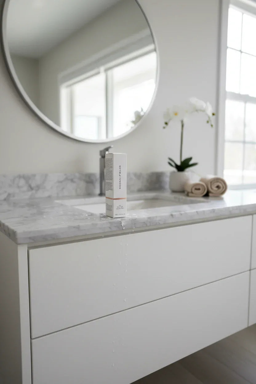 Rodan + Fields Multi-Acid Enzyme Peel white box on luxury minimalist bathroom vanity soft natural light