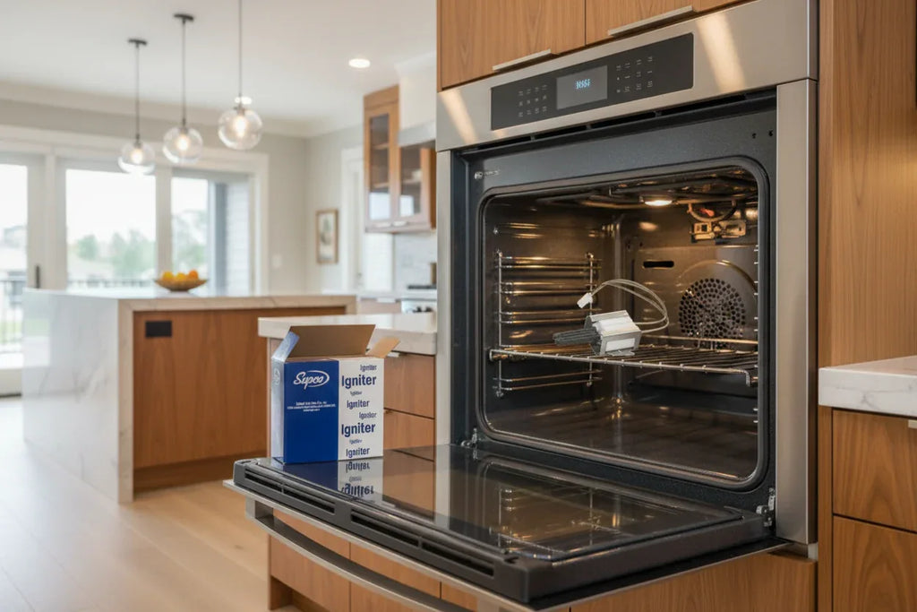Modern high-end kitchen with oven door open showing interior for appliance repair
