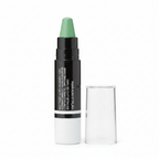 Close-up macro of Mary Kay At Play Color Correcting Stick Wipe Out Redness — white twist-up casing with clear cap off to the side showing the pristine cone-shaped green cream color corrector tip on a clean white background
