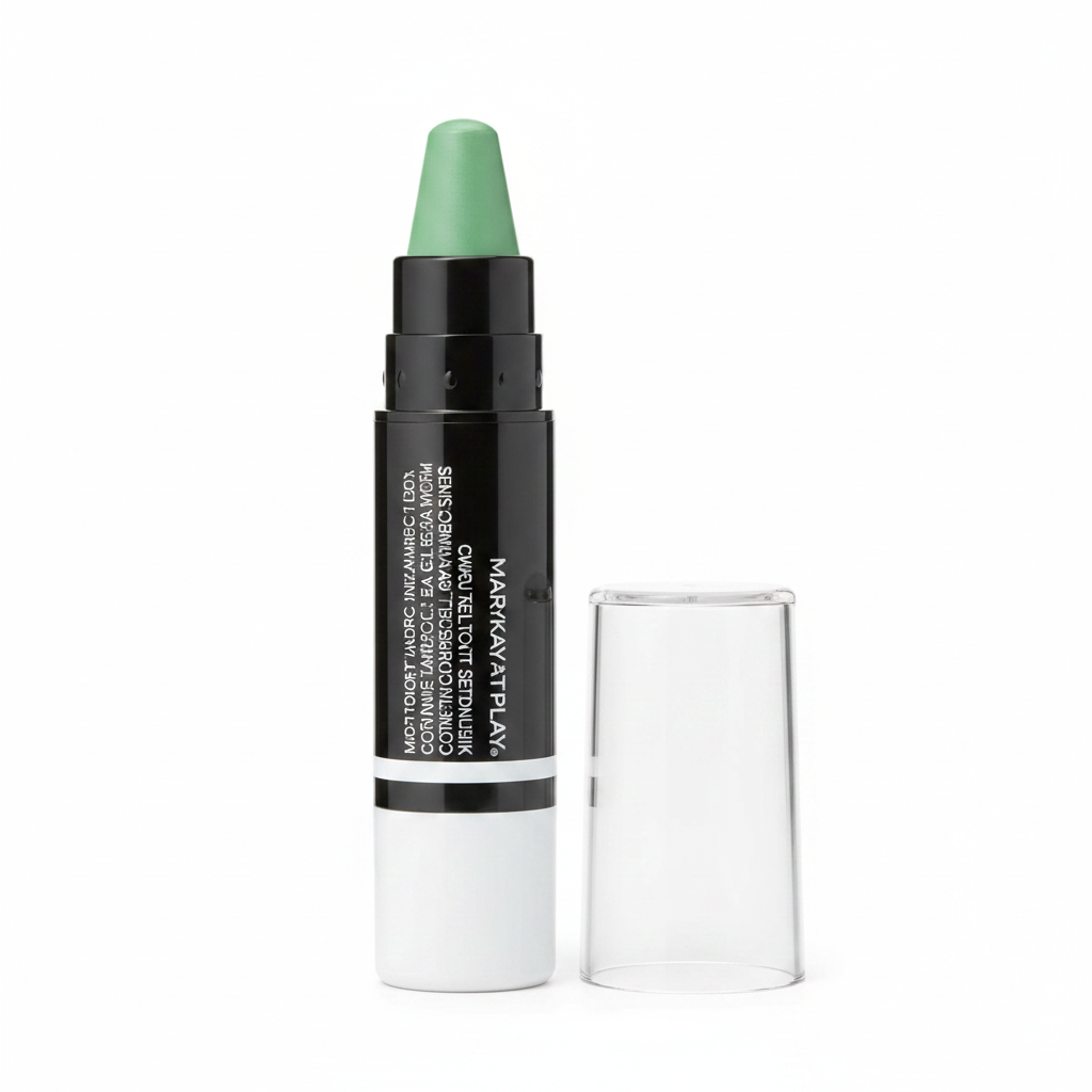 Close-up macro of Mary Kay At Play Color Correcting Stick Wipe Out Redness — white twist-up casing with clear cap off to the side showing the pristine cone-shaped green cream color corrector tip on a clean white background