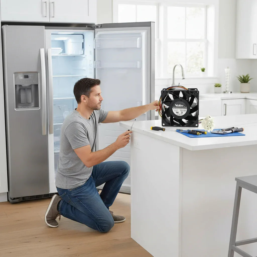 Nidec refrigerator fan motor replacement part displayed in modern kitchen setting