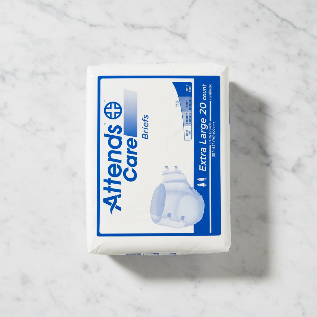 Lifestyle flat lay of sealed white and blue Attends Care Briefs Extra Large 20 Count on white marble surface