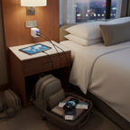 Hotel room nightstand with white dual USB-C wall charger charging tablet and phone simultaneously
