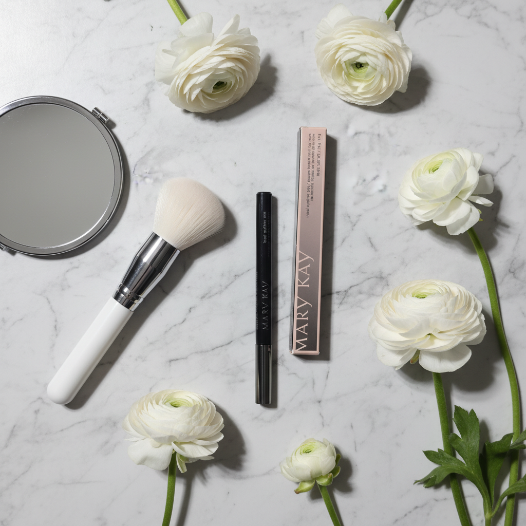 Mary Kay Liquid Eyeliner Pen MK Black glossy black barrel with silver lettering flat-lay on white marble alongside a makeup brush, small mirror, and soft white flowers — clean minimal beauty flat-lay